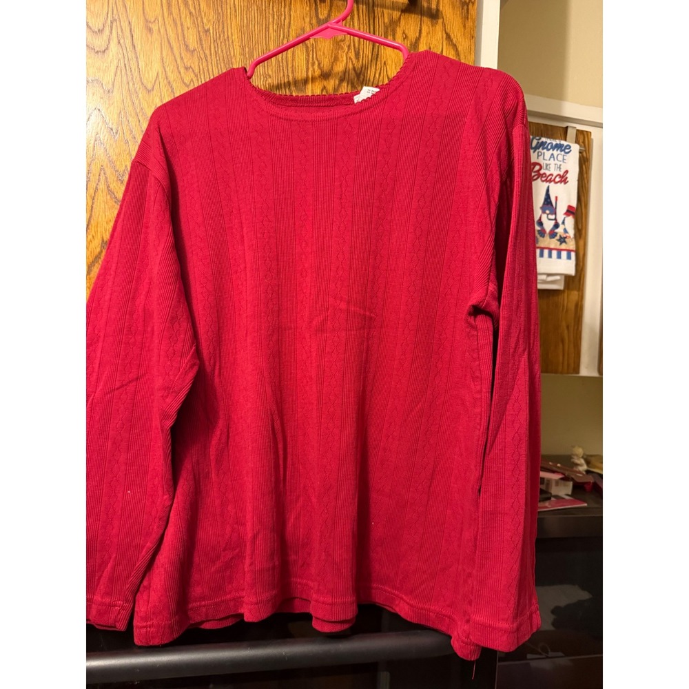 Vintage Red Pointelle Knit Long Sleeve Top Crew Neck Ribbed Diamond Pattern L